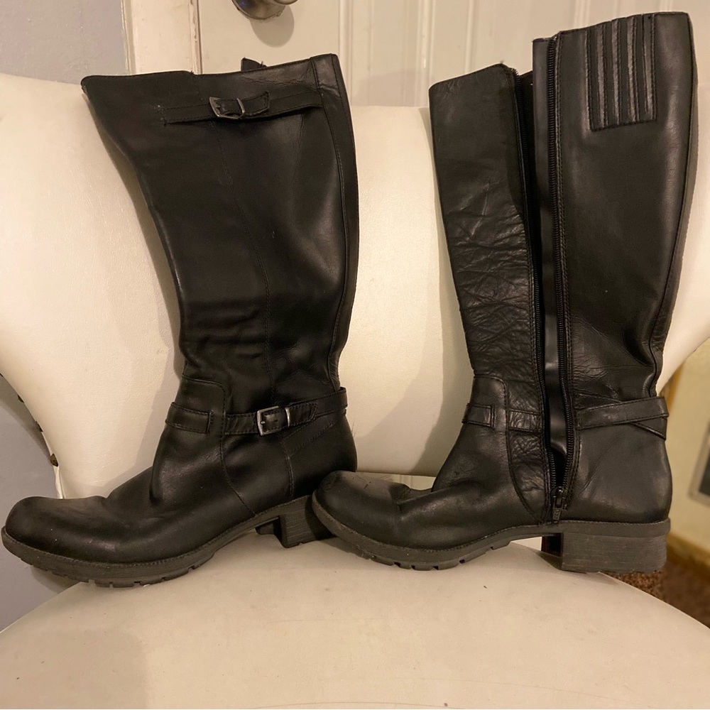 Clark’s black leather buckle strap zip up knee high stretch panel boots